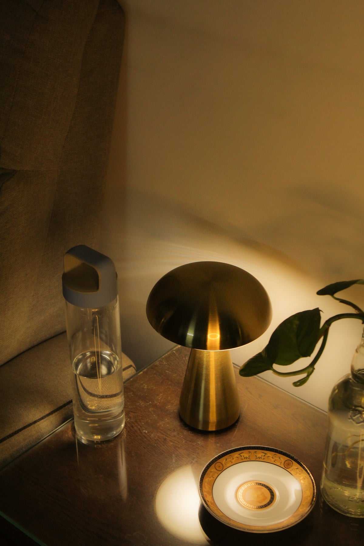 Gold lamp on a table with a glass of water and a plant in a dimly lit room