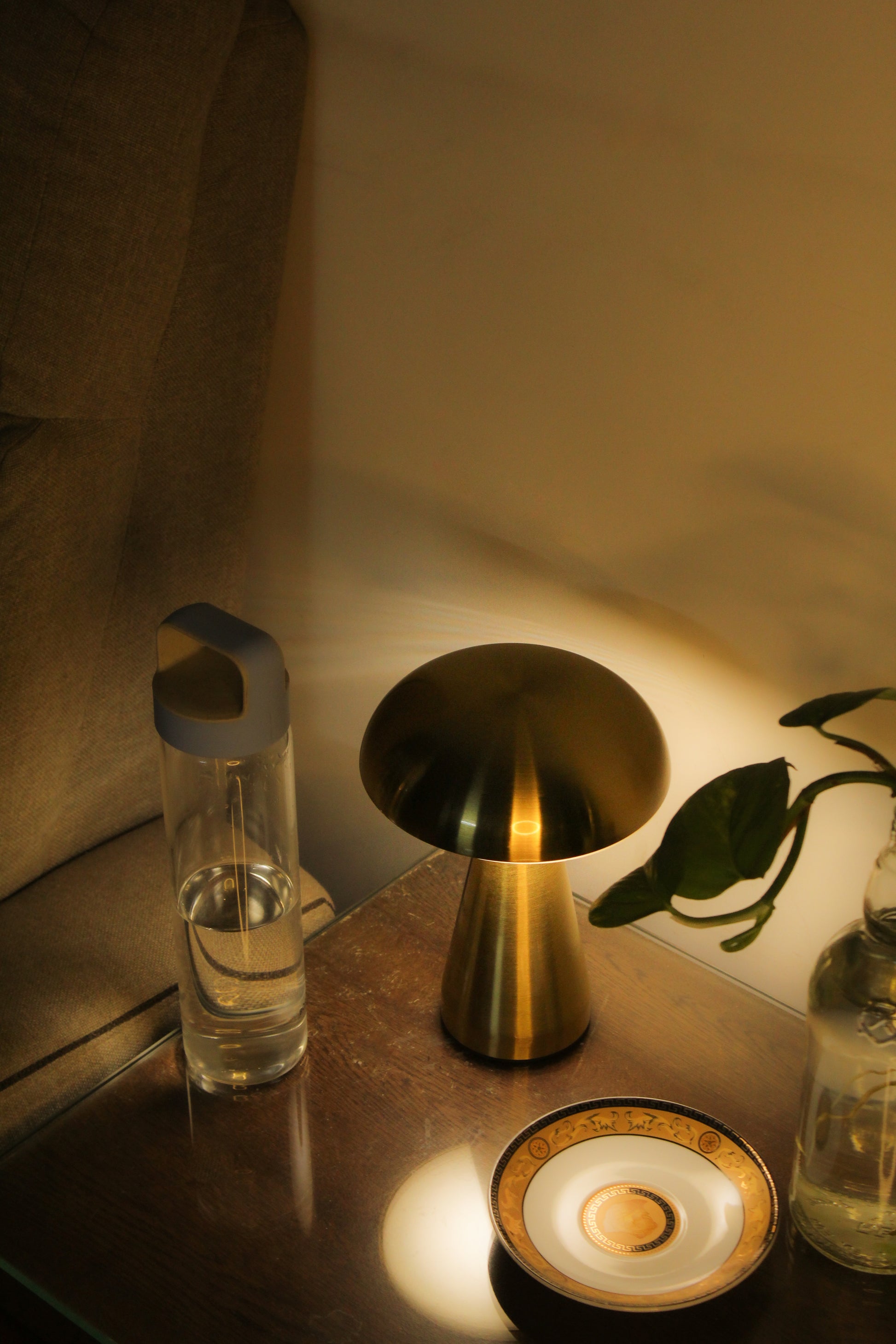 Gold lamp on a table with a glass of water and a plant in a dimly lit room