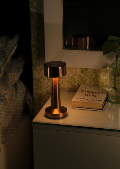 Side profile of the Retro Dune Descent metal lamp highlighting its architectural "UFO" silhouette and minimalist stem.