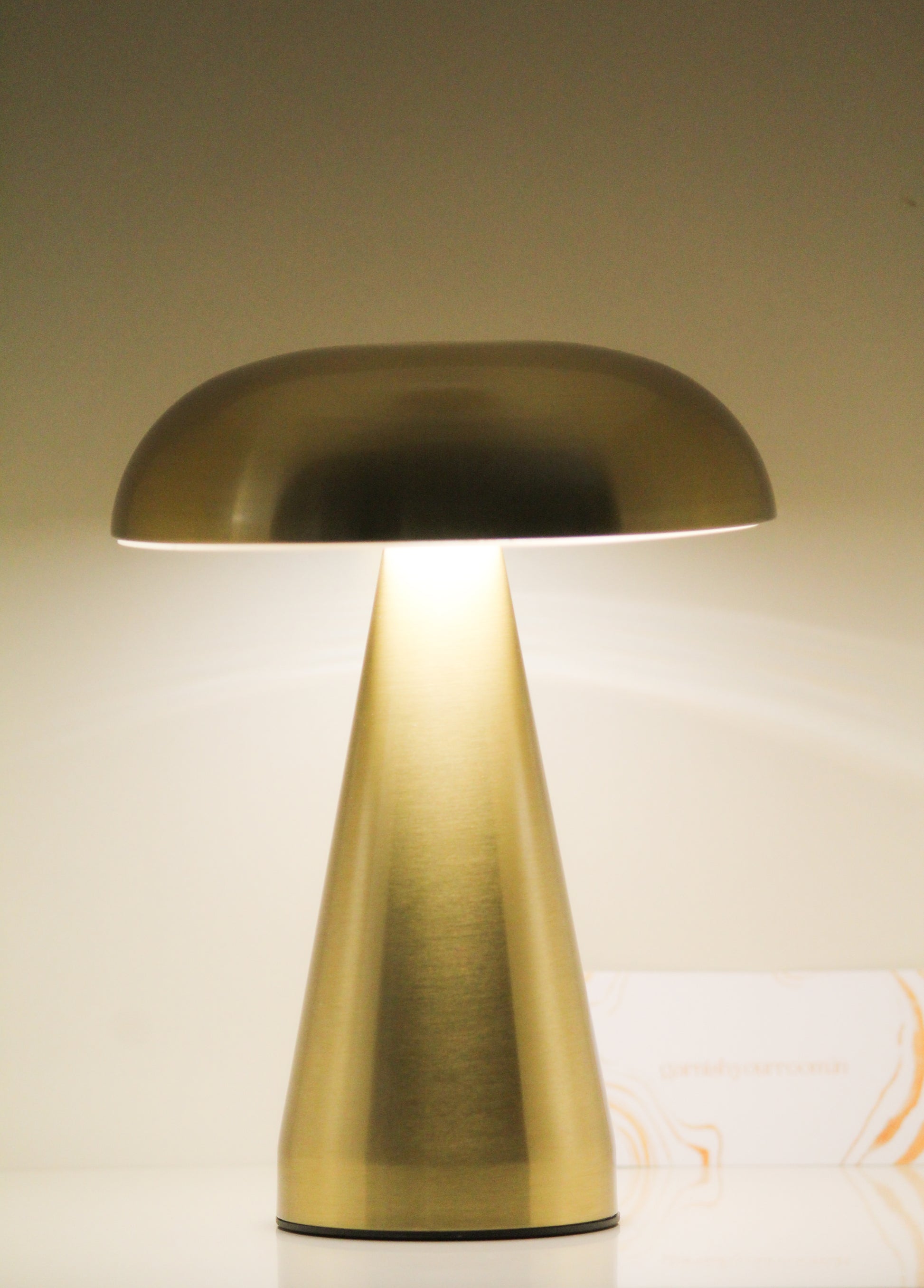 Mushroom Metal Lamp - The Mushroom metal lamp styled next to books on a minimalist shelf.