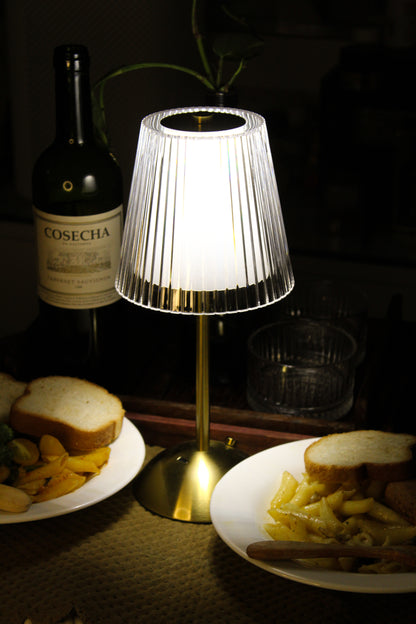 Garnish Prism Glaze cordless metal lamp styled in a modern, luxury dining.