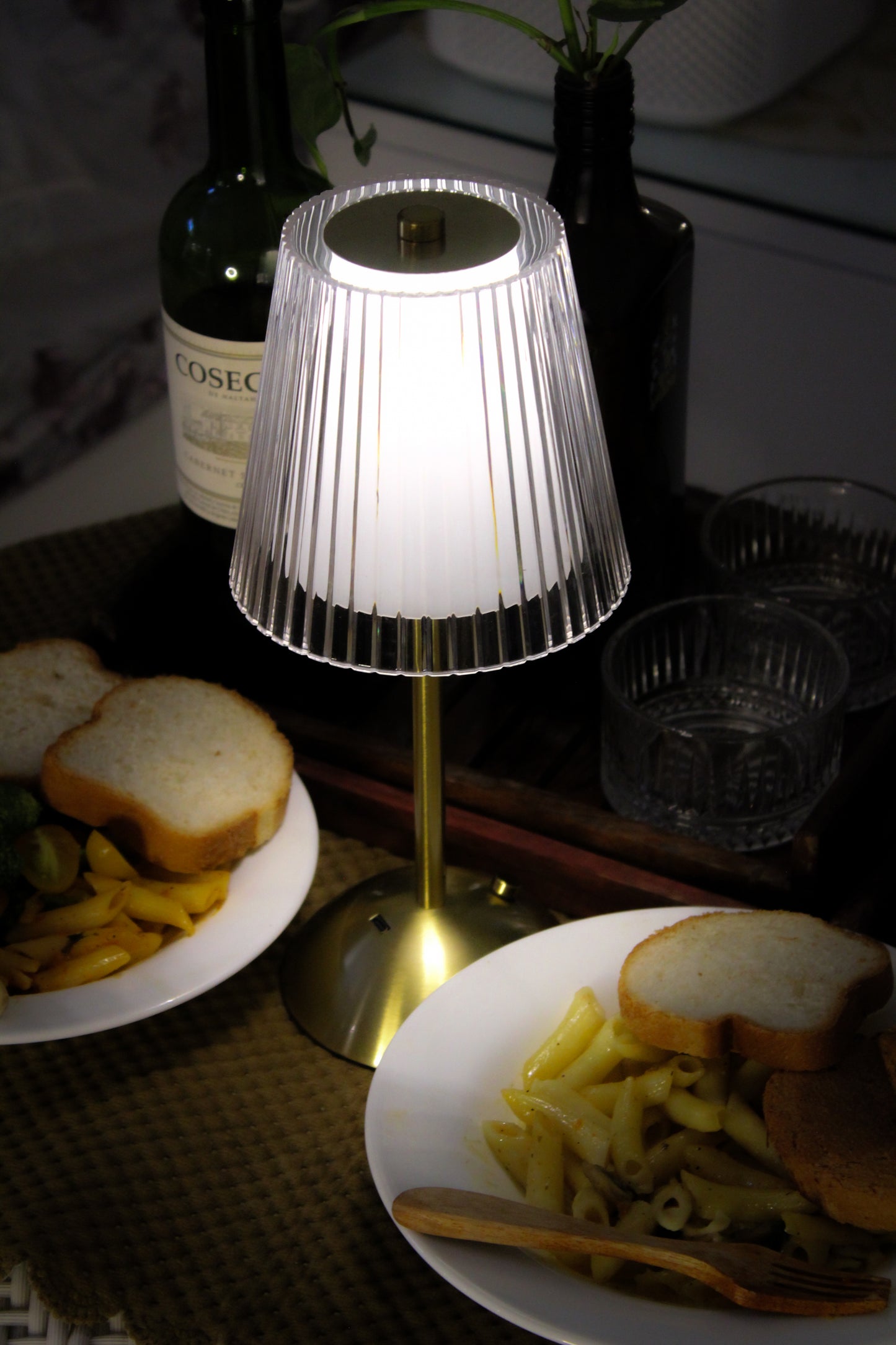 Garnish Prism Glaze cordless metal lamp styled in a modern, luxury dining.