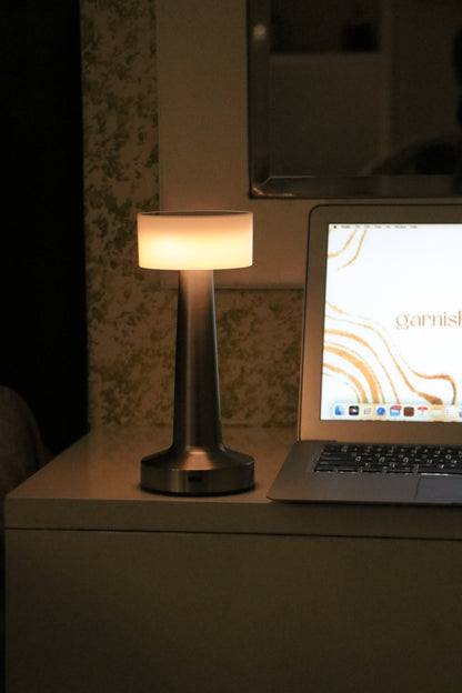 Retro Dune Metal Lamp - Touch Sensor, Interior Product Picture, Garnish Retro Dune cordless lamp, a timeless metal touch light on a contemporary wooden console.