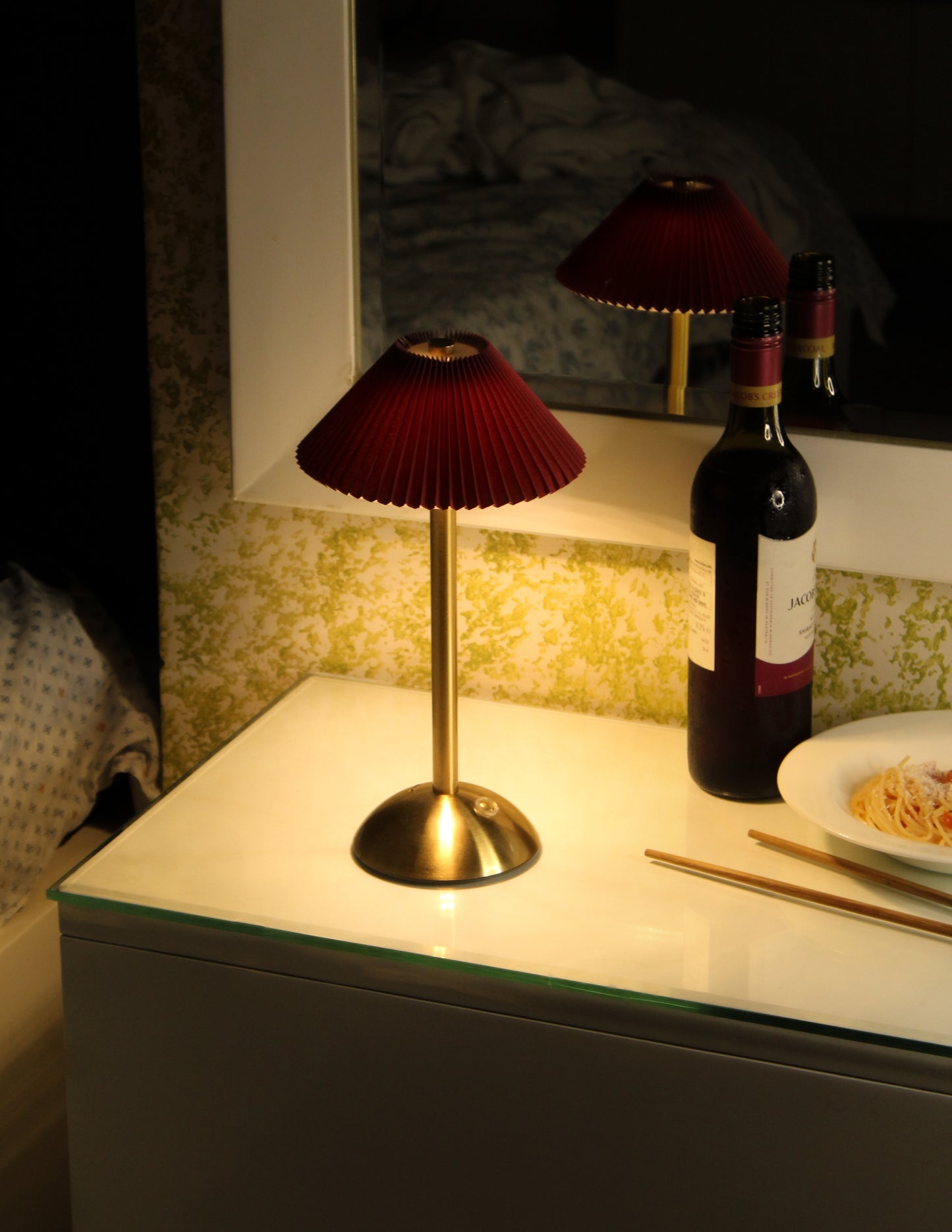 The Velvet Kasa Metal Lamp - Luxury Lamp Sits calmly on the side table for the corners to adorn and glow.