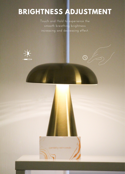 Close-up of the brushed metal finish on the Garnish Mushroom cordless lamp, Brightness Adjustments !