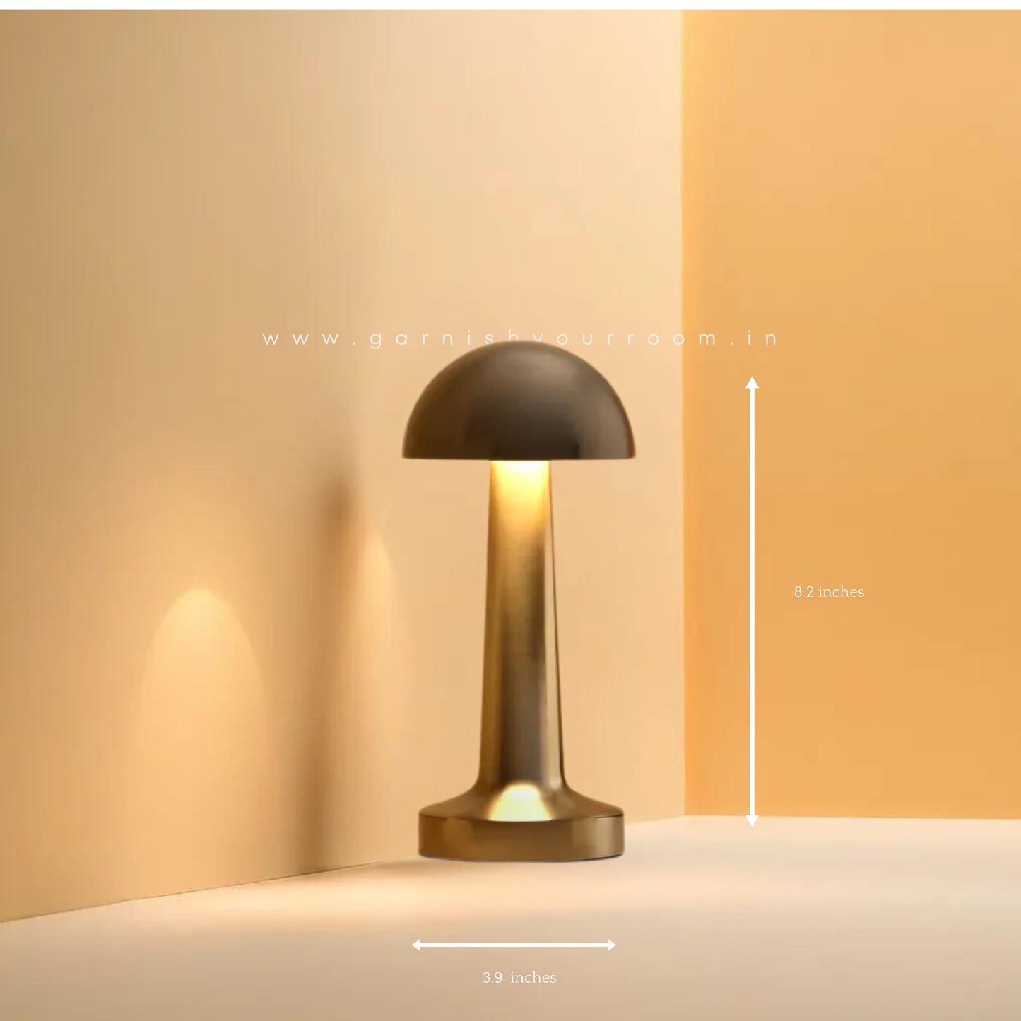 Button Mushroom Metal Lamp - Touch Sensor , Close Interior Product Picture. Showing Dimensions